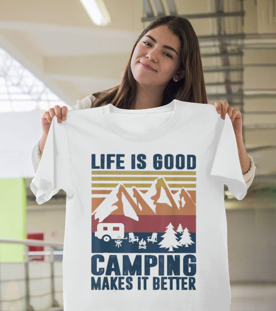 Life is Good Camping Makes It Better Vintage Mountains Camper Landscape T-Shirt