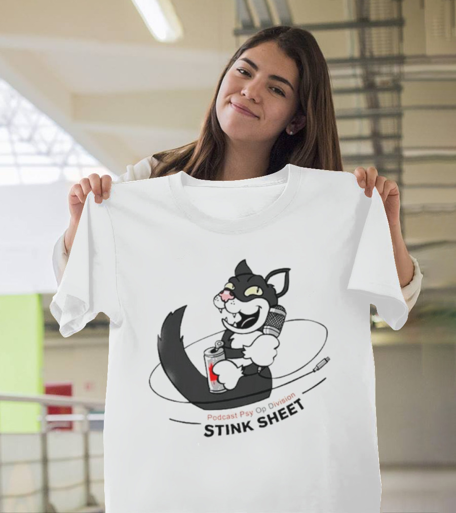 Podcast Psy Op Division Stink Sheet Mischievous Cartoon Cat with Microphone and Spray Can T-Shirt