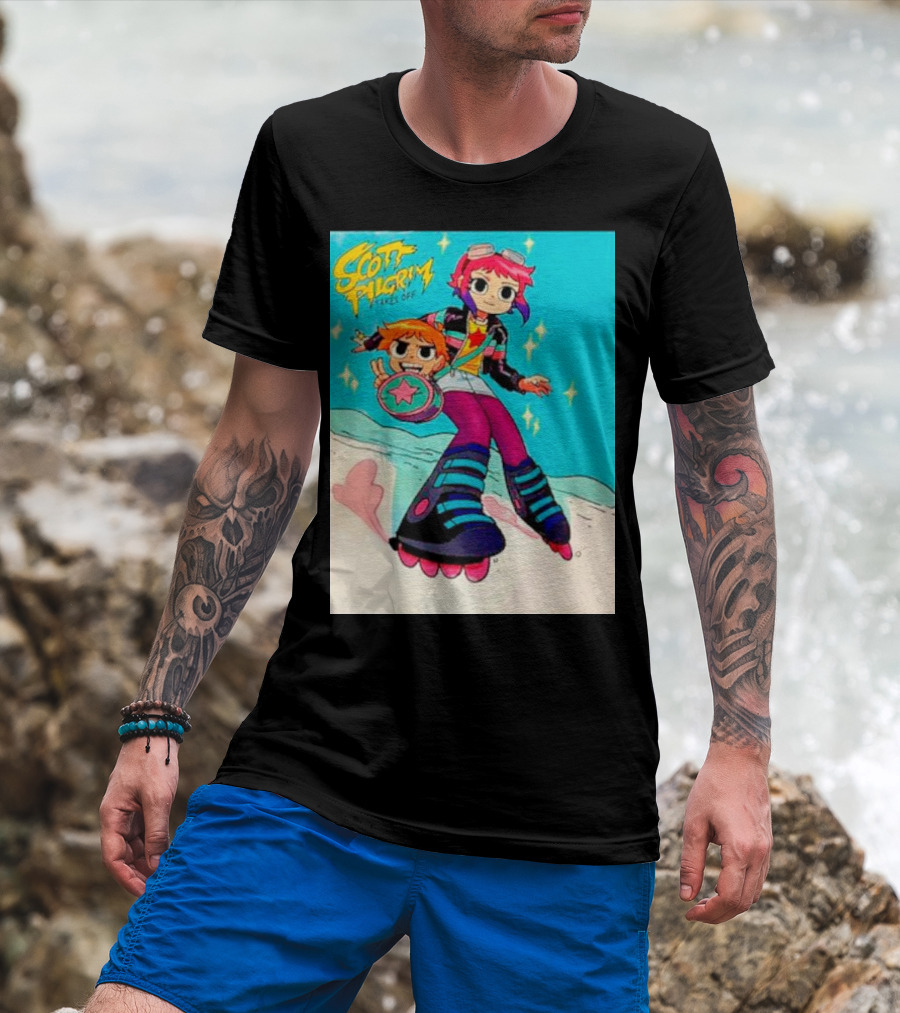 Scott Pilgrim Takes Off Roller Skating Adventure With Animated Style Characters T-Shirt