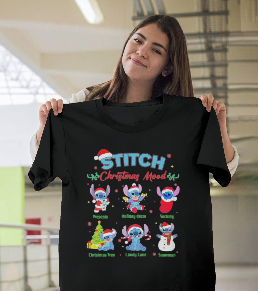 STITCH Christmas Mood Presents Holiday Decor Stocking Christmas Tree Candy Cane Snowman T-Shirt