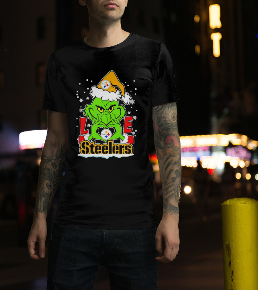 The Grinch Santa Hat Love Pittsburgh Steelers Logo Snowflakes T-Shirt