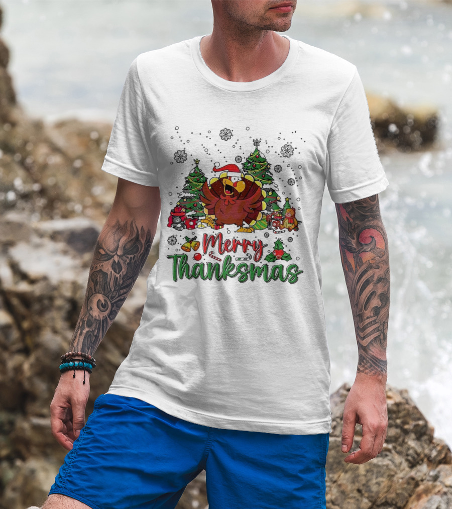 Merry Thanksmas Funny Turkey Santa Hat Christmas Trees T-Shirt