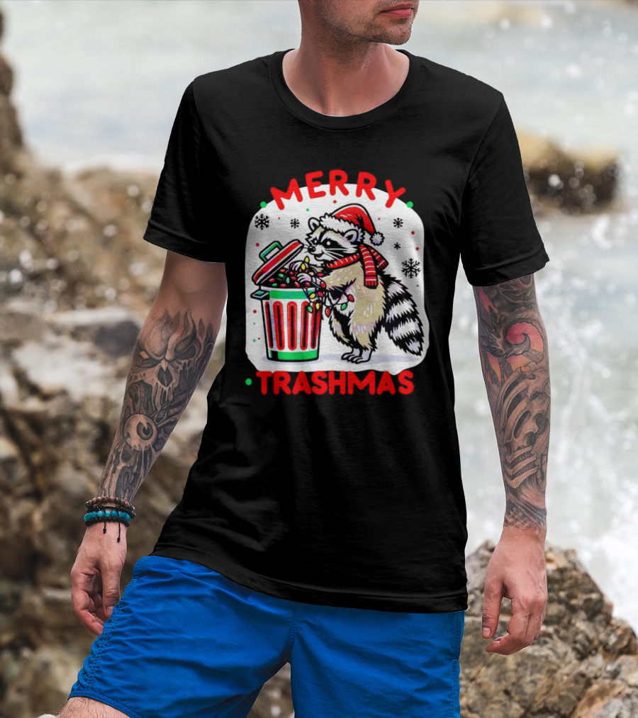Merry Trashmas Raccoon Santa With Christmas Lights T-Shirt