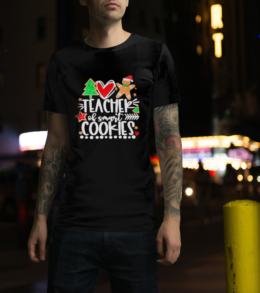 Teacher Of Smart Cookies Christmas Tree Gingerbread Heart Stars T-Shirt