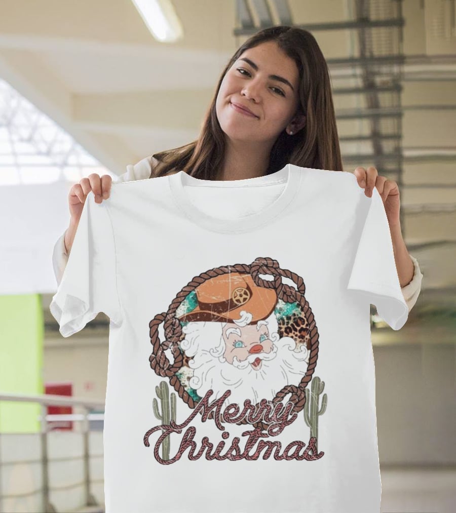 Merry Christmas Western Santa Cactus Rope Cowboy Hat T-Shirt