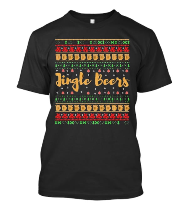 Jingle Beers Christmas Sweater Pattern With Beer Mugs And Holiday Decorations T-Shirt