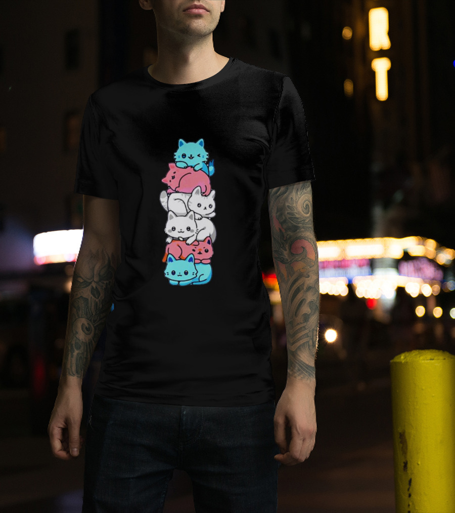 Transgender Pride Cats Stack Flag Colors T-Shirt