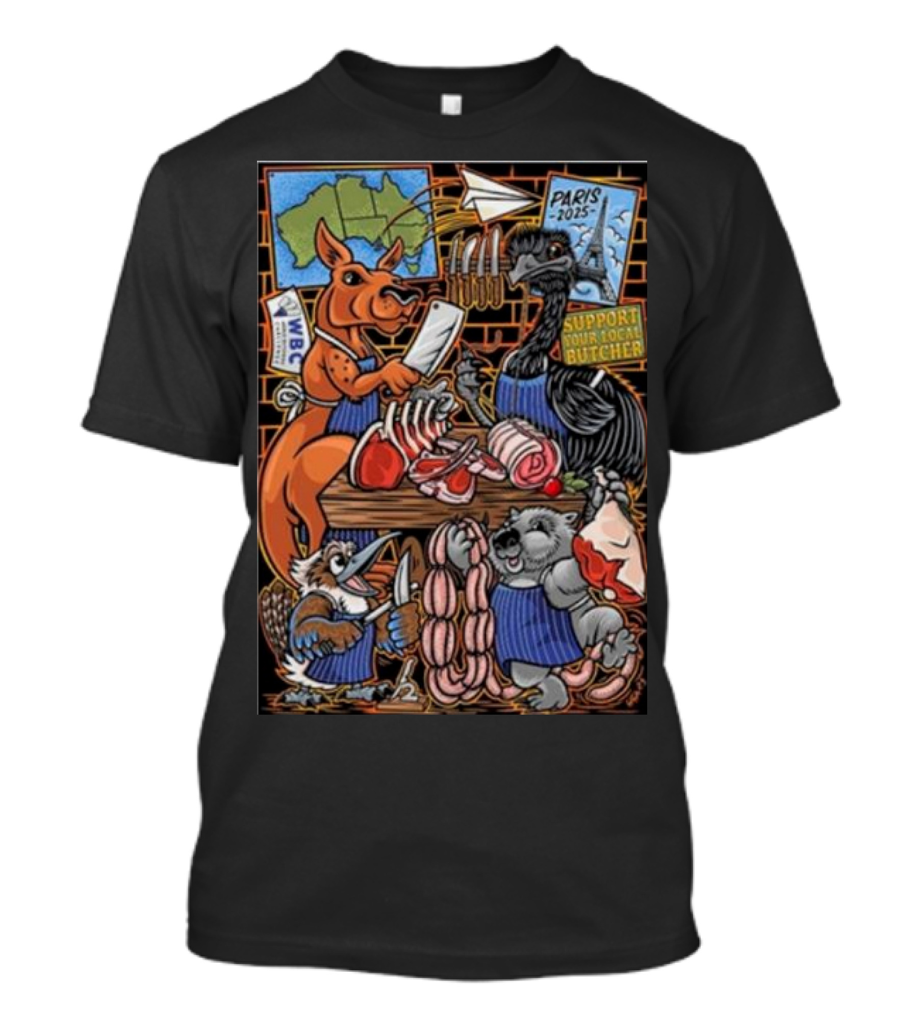 Paris 2025 Support Your Local Butcher Australian Animals Butchery Scene T-Shirt