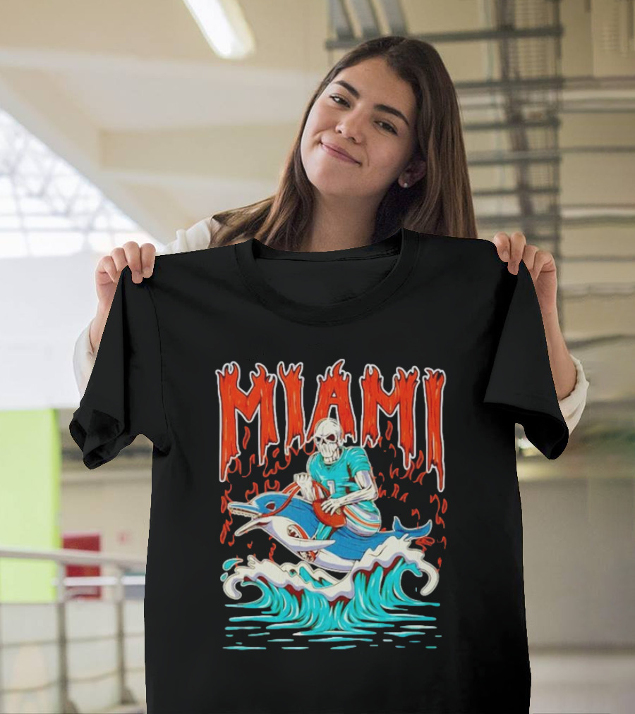 MIAMI Skeleton Riding Dolphin With Football And Flames T-Shirt