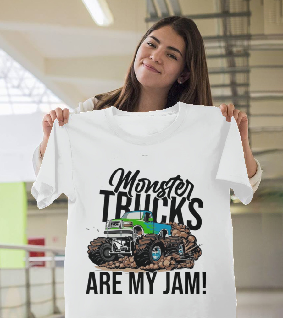 Monster Trucks Are My Jam Off-Road Adventure with Green and Blue Truck T-Shirt