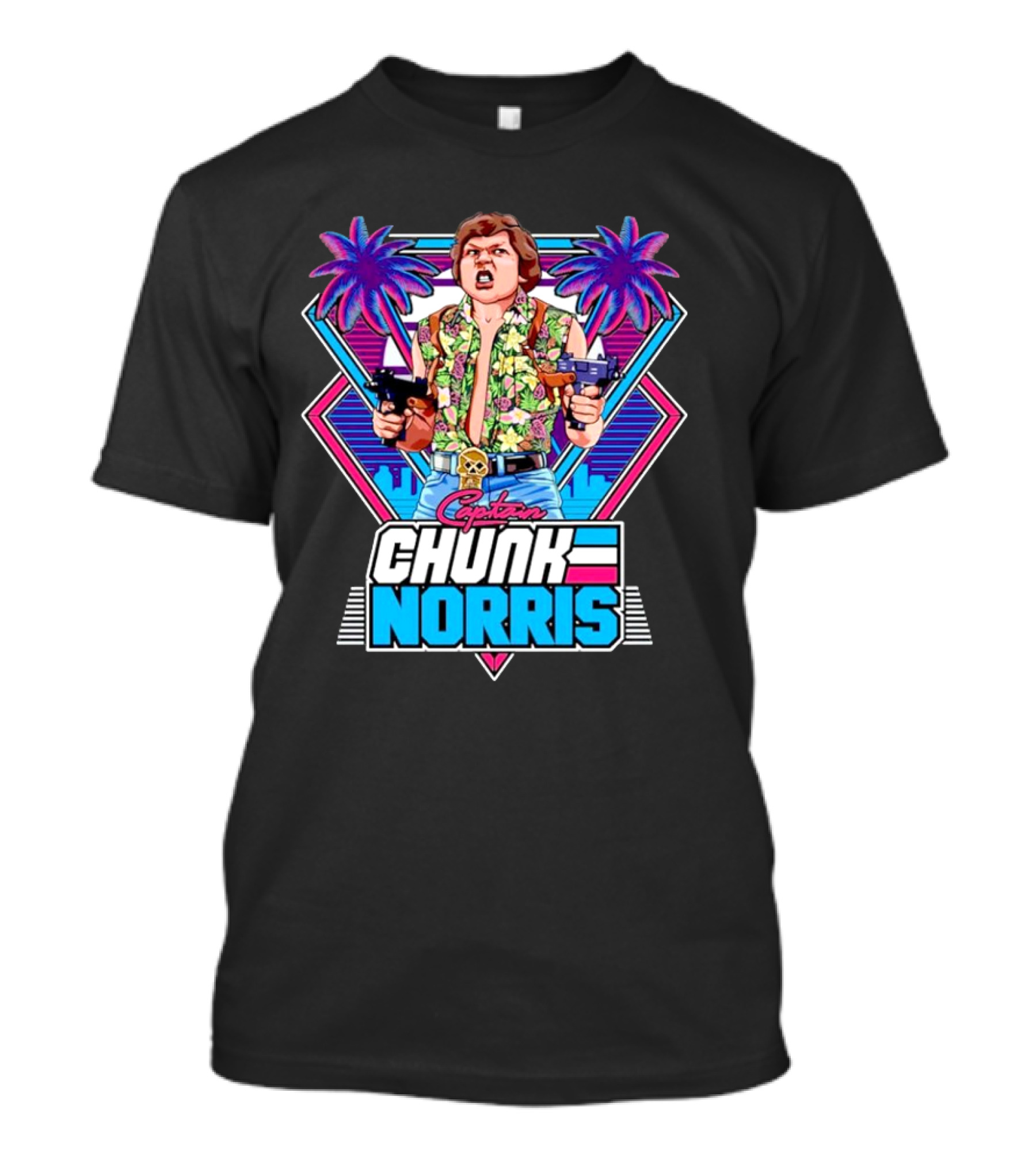 Captain Chunk Norris Retro Miami Vice Styled Character With Dual Pistols And Neon Palm Trees T-Shirt