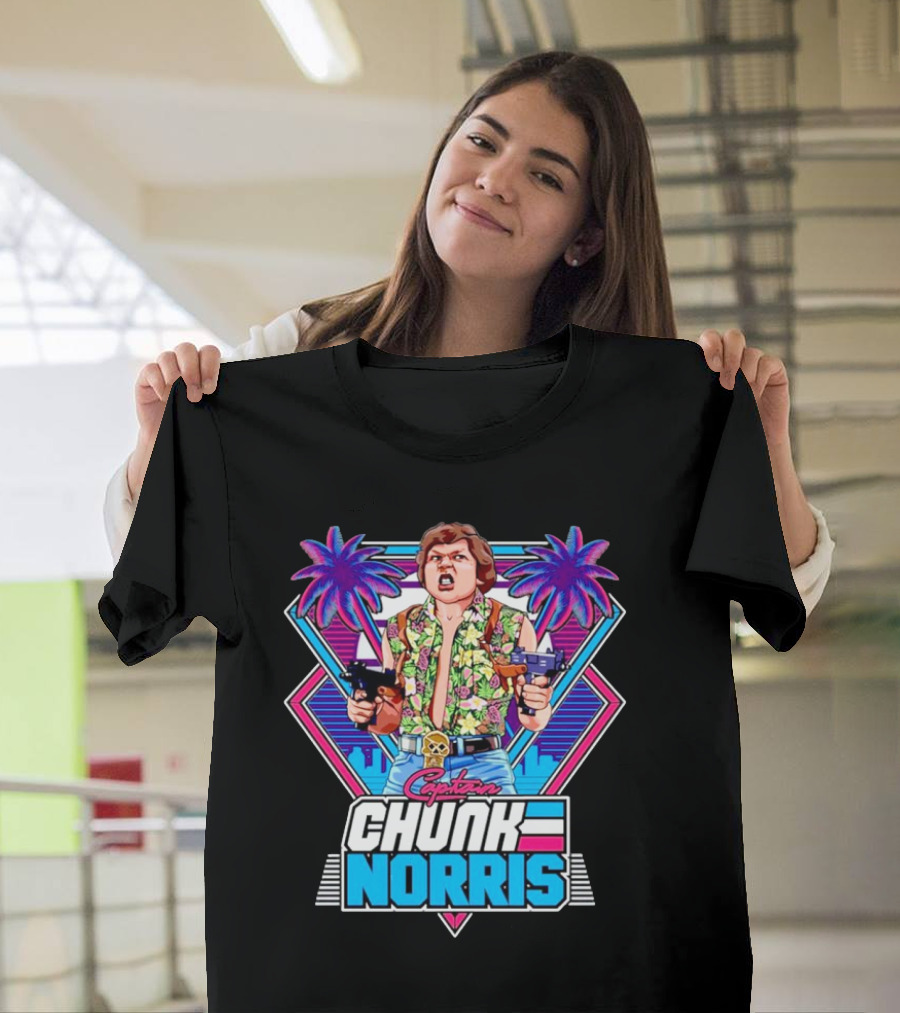 Captain Chunk Norris Retro Miami Vice Styled Character with Dual Pistols and Neon Palm Trees T-Shirt