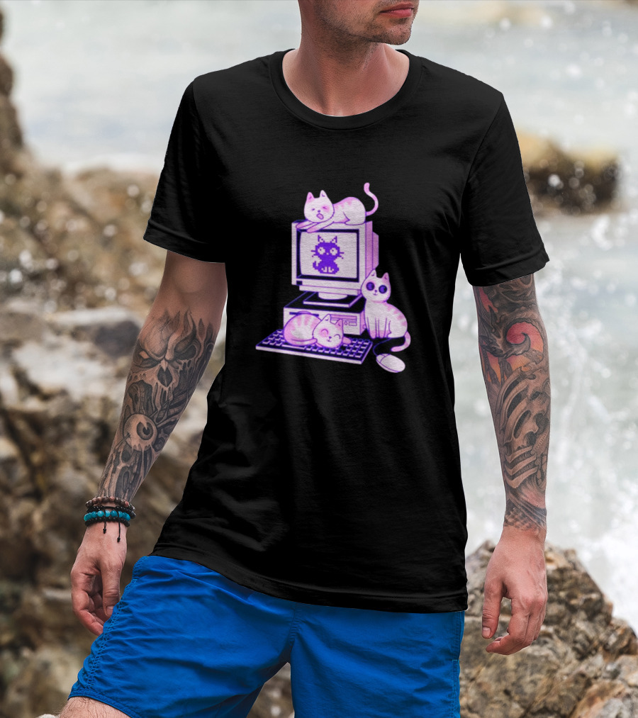 Cats Over Retro Computer With Pixel Art Cat On Screen T-Shirt