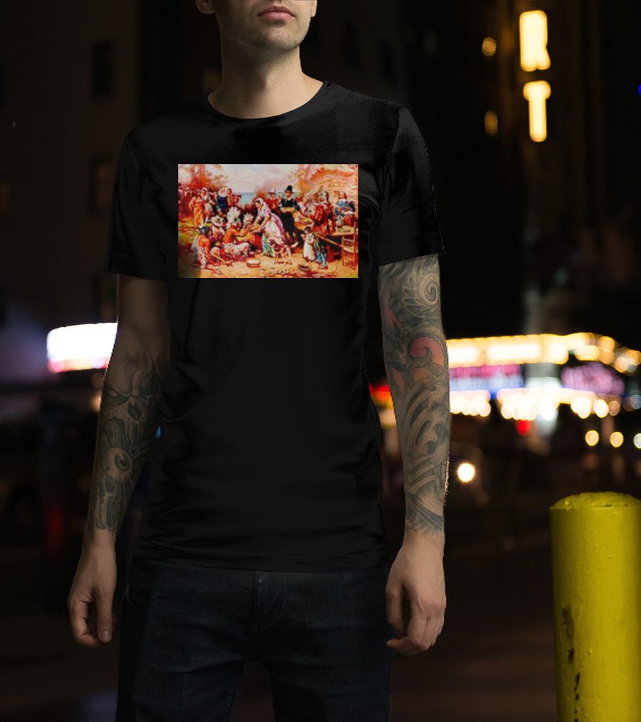 The First Thanksgiving 1621 Pilgrims And Native Americans Harvest Feast T-Shirt