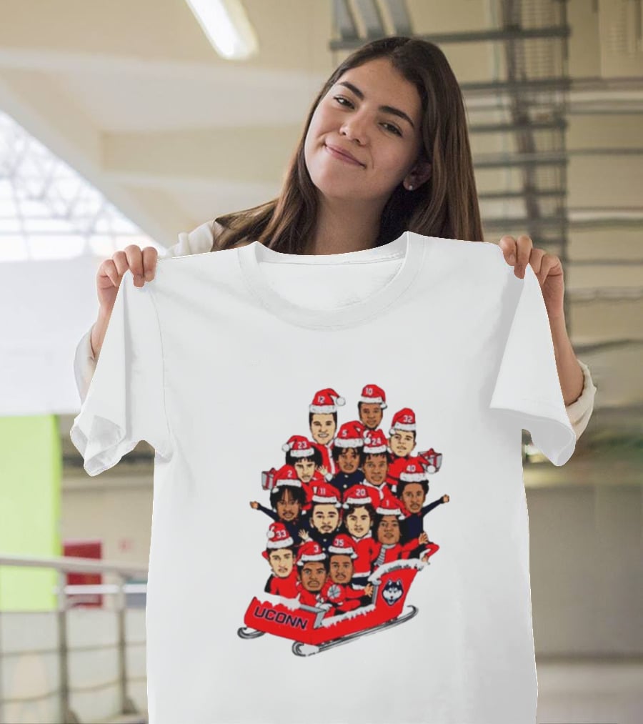 UConn Huskies Christmas Cartoon Sled Team Santa Hats T-Shirt