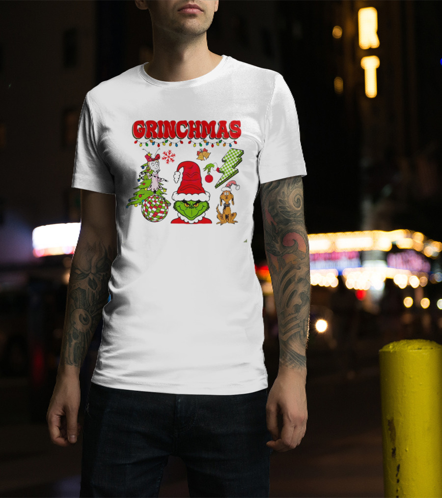 Grinch Grinchmas Red Hat Christmas Tree Max Dog Lightning Bolt Ornaments T-Shirt