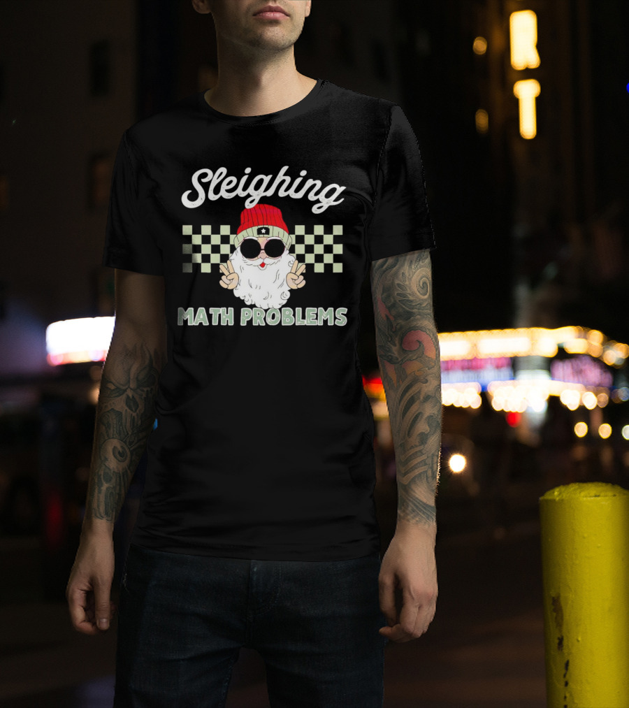 Sleighing Math Problems Santa Peace Sign Checkered Background T-Shirt