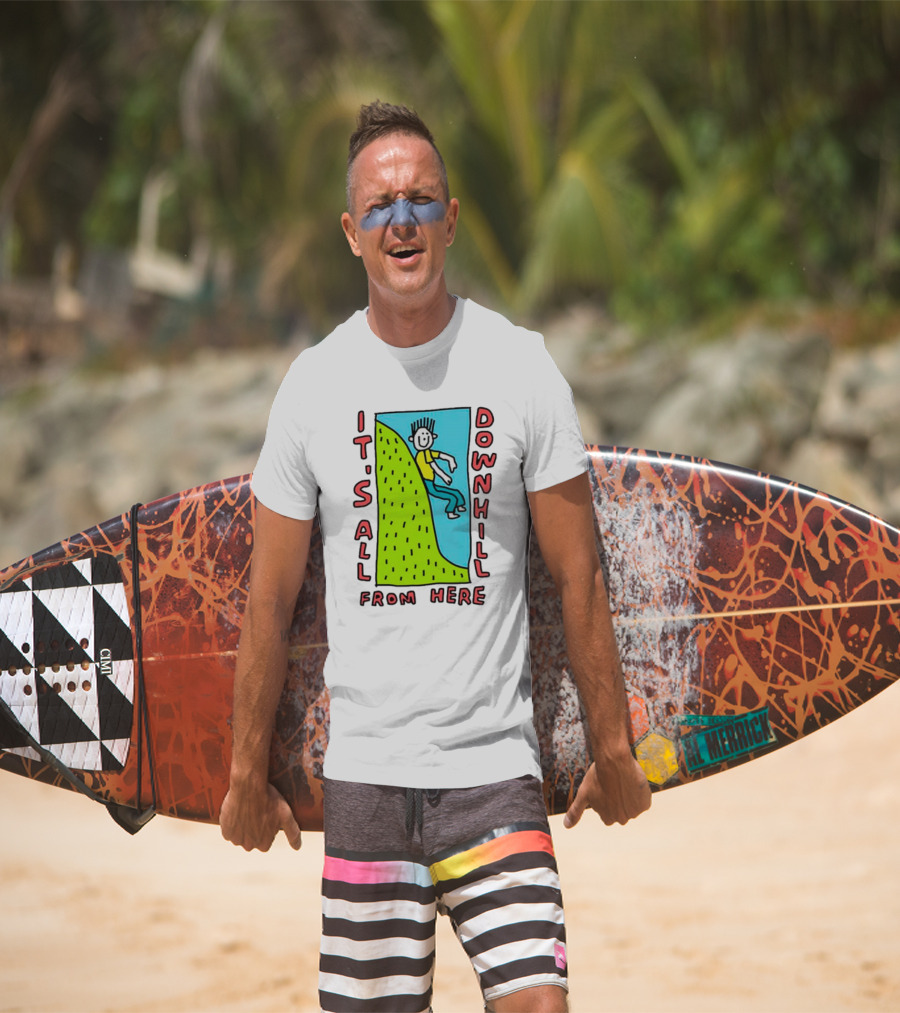 IT'S ALL DOWNHILL FROM HERE Cartoon Character Sliding Down Green Hill T-Shirt