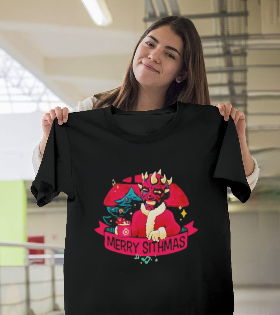 Star Wars Merry Sithmas Featuring Darth Maul in Santa Suit with Christmas Tree and Festive Elements T-Shirt