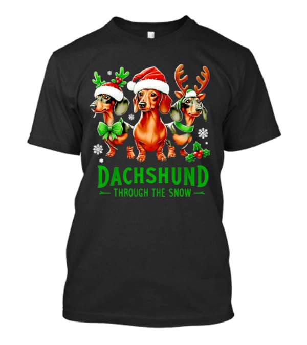 Dachshund Through The Snow Santa Hat Reindeer Antlers Christmas Bow T-Shirt