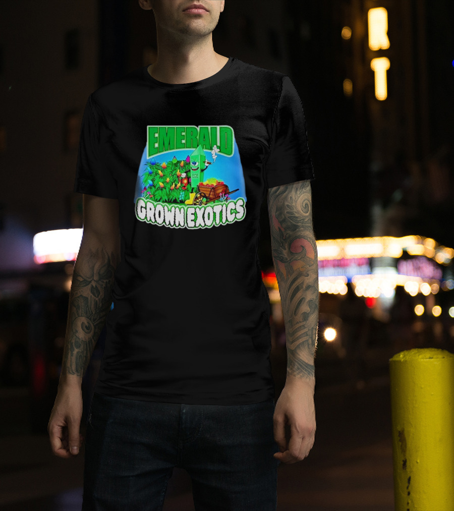 Emerald Grown Exotics Colorful Harvest With EGE Mascot And Wagon T-Shirt