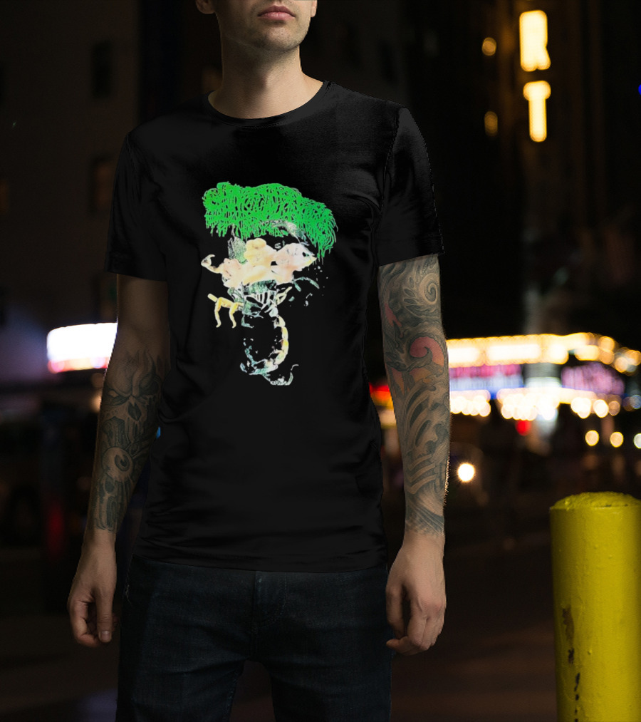 Sanguisugabogg Homicidal Ecstacy Abstract Green Dripping Text With Floral Skull And Spine T-Shirt