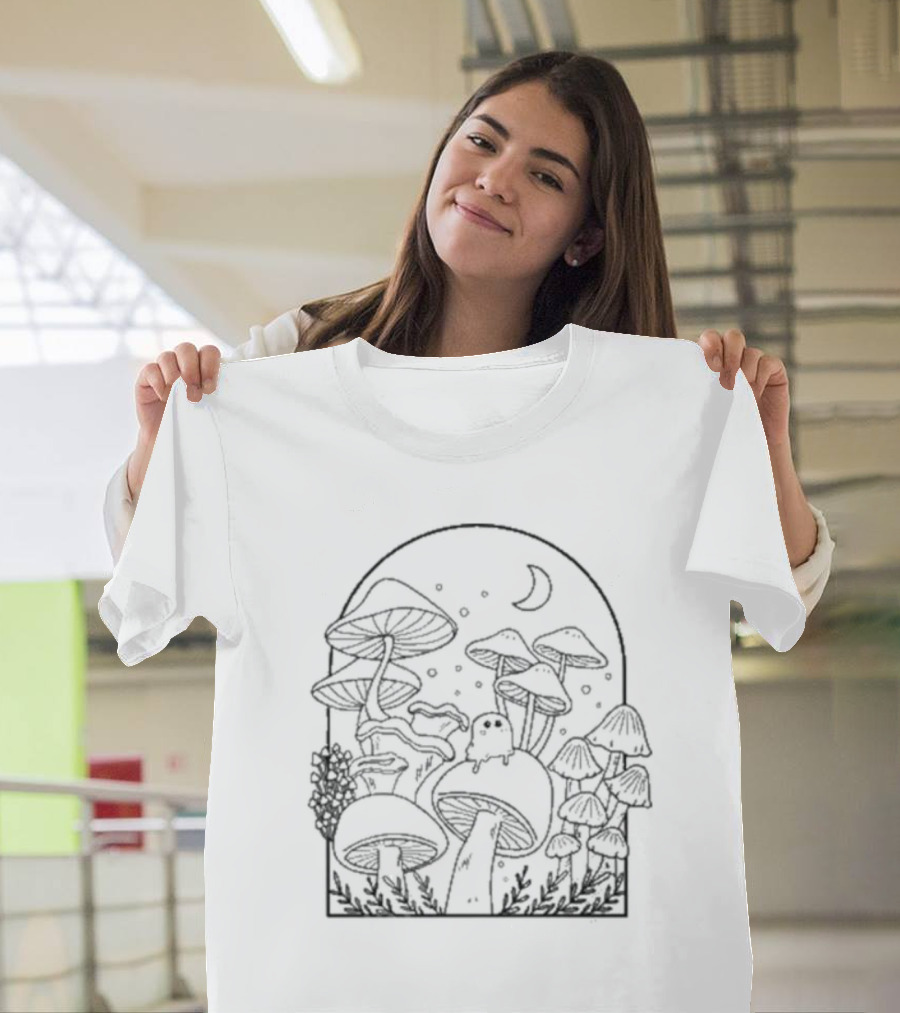 Slimecicle Mushroom Forest Night Scene With Crescent Moon And Cute Ghostly Creature T-Shirt