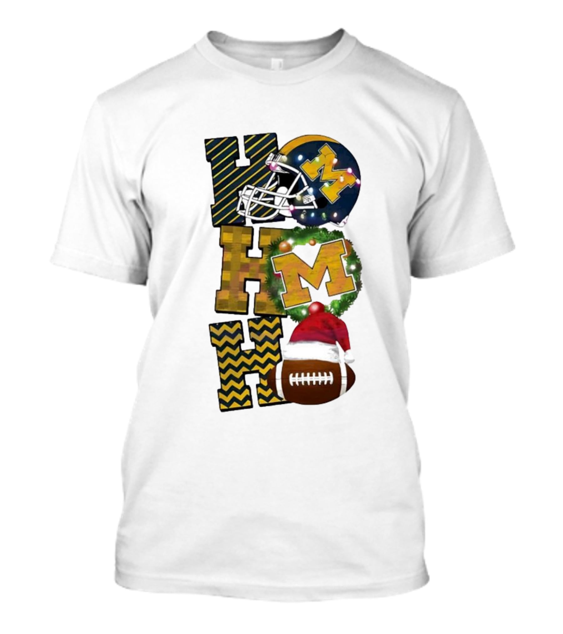 Michigan Wolverines Football Helmet Wreath Christmas Ho Ho Ho T-Shirt
