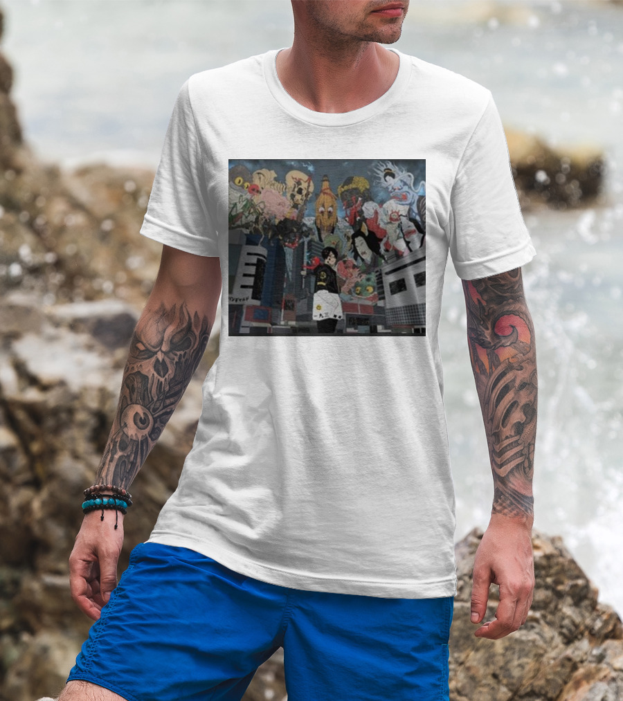 Kemuri Ikumi X Nass Anime Yokai-Inspired Urban Chaos Scene T-Shirt