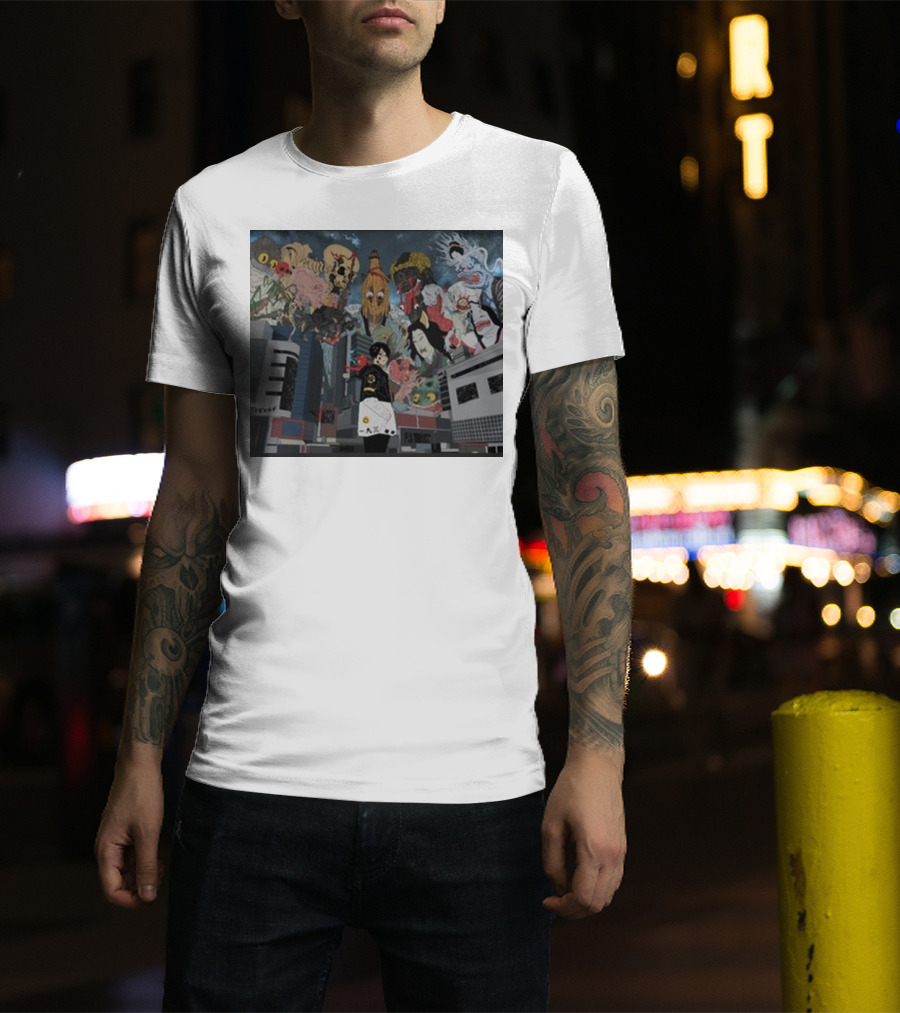 Kemuri Ikumi X Nass Anime Yokai-Inspired Urban Chaos Scene T-Shirt