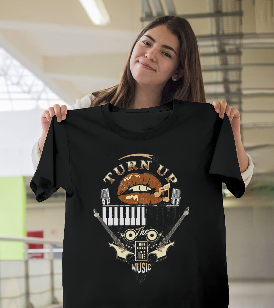 TURN UP THE MUSIC Keyboard Guitars and Microphones T-Shirt
