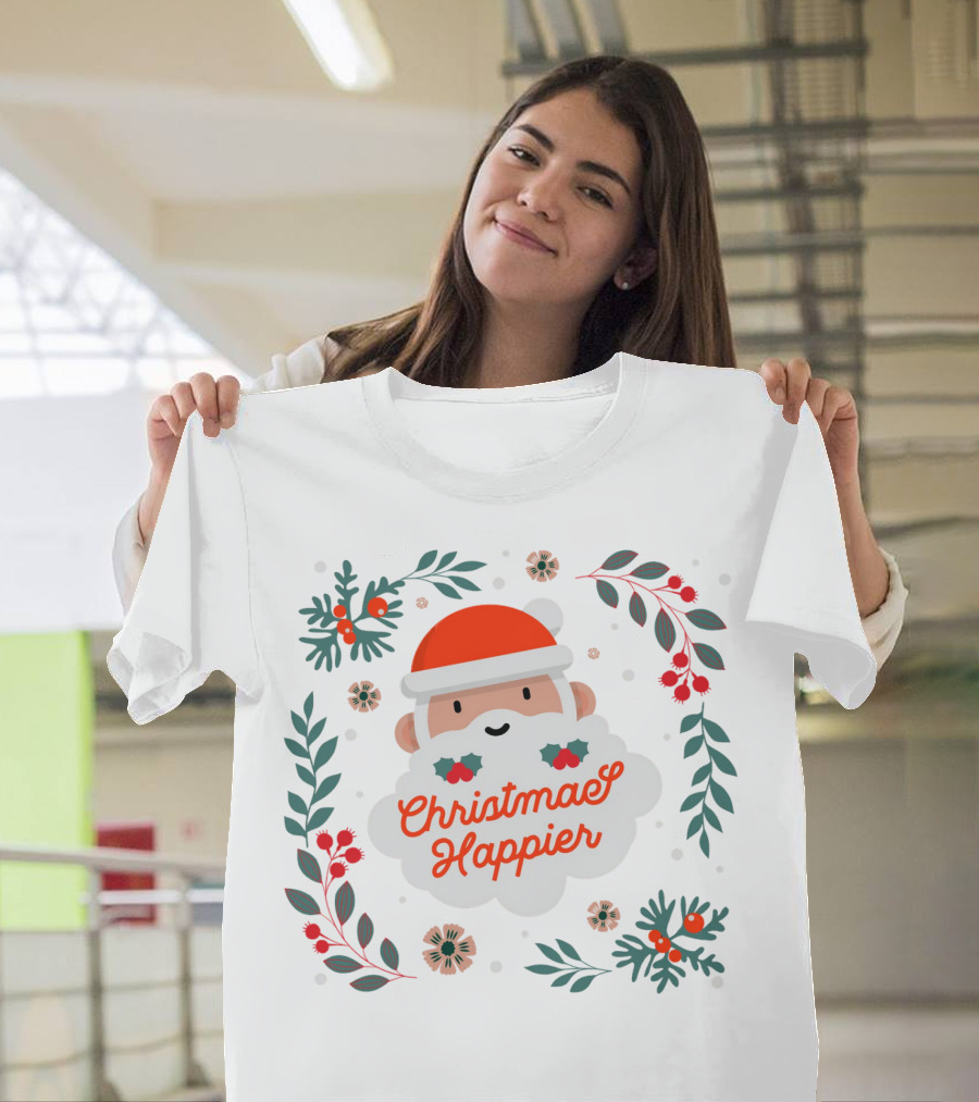 Christmas Happier Santa Claus with Holly and Festive Floral Elements T-Shirt