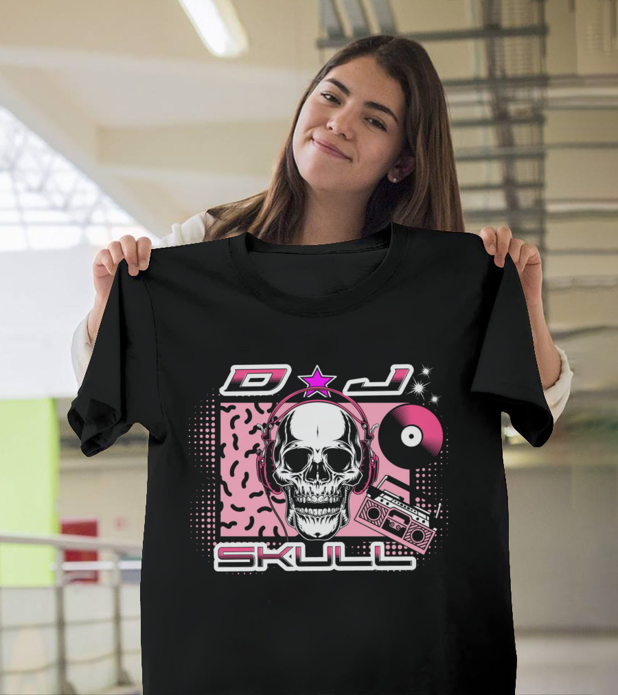 DJ Skull Retro Headphones Boombox Vinyl Star T-Shirt