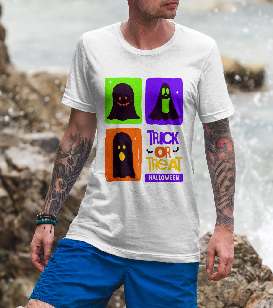 Halloween Trick Or Treat Ghosts In Colorful Boxes T-Shirt