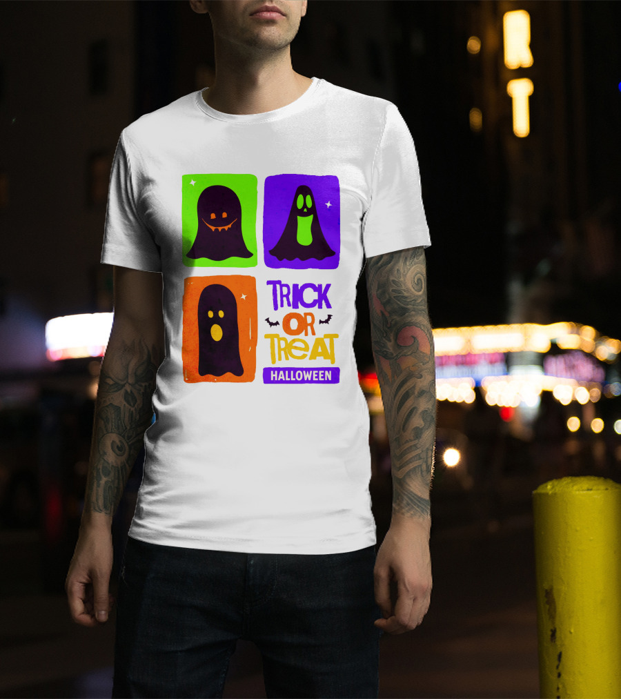 Halloween Trick Or Treat Ghosts In Colorful Boxes T-Shirt