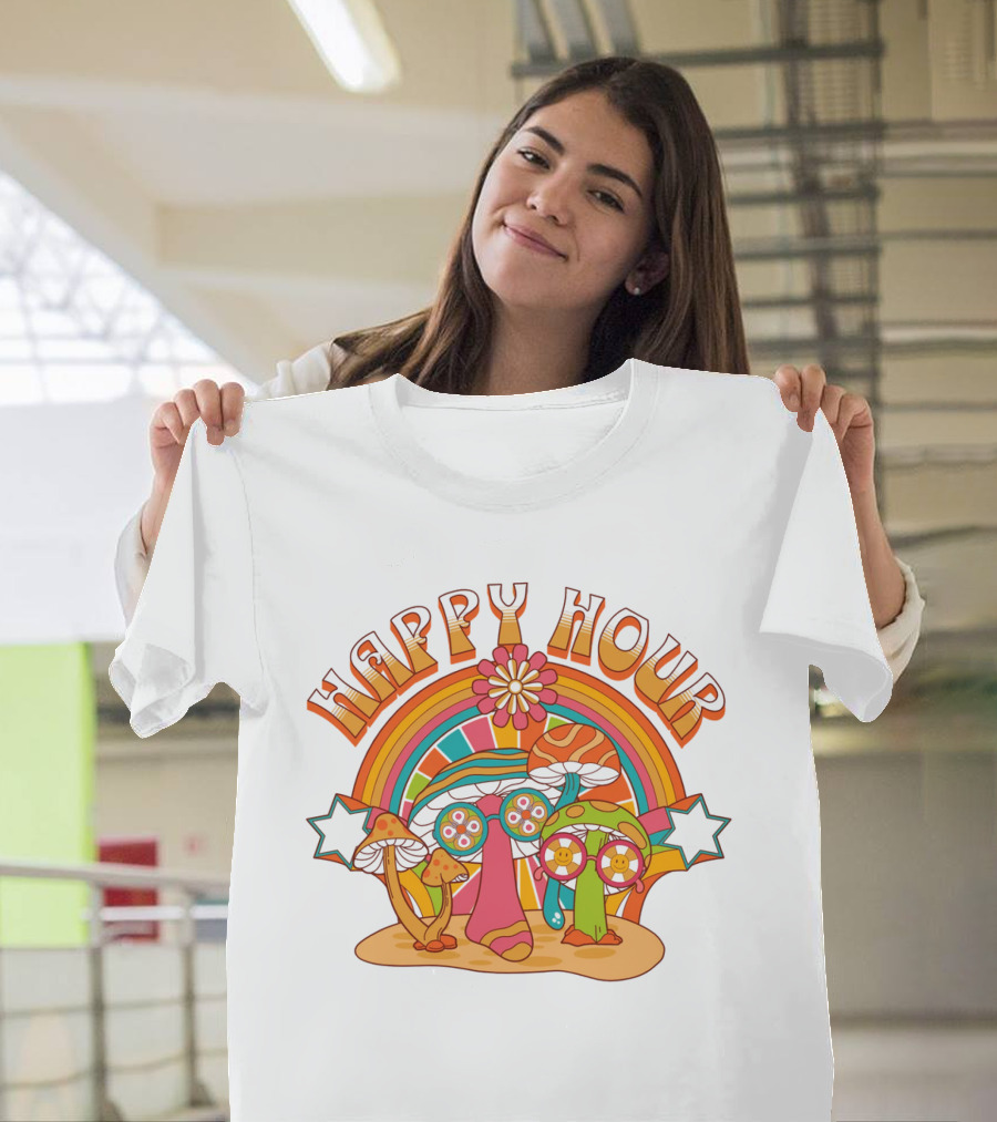 Happy Hour Psychedelic Mushroom Rainbow 70s T-Shirt