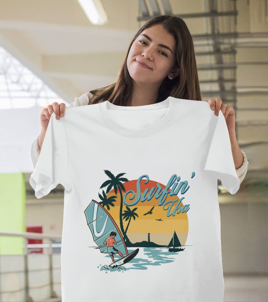 Surfin' Usa Retro Sunset Windsurfer Palm Trees Ocean Scene T-Shirt