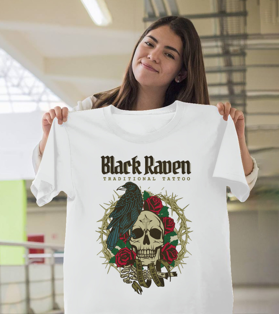 Black Raven Traditional Tattoo Skull Roses Thorns T-Shirt