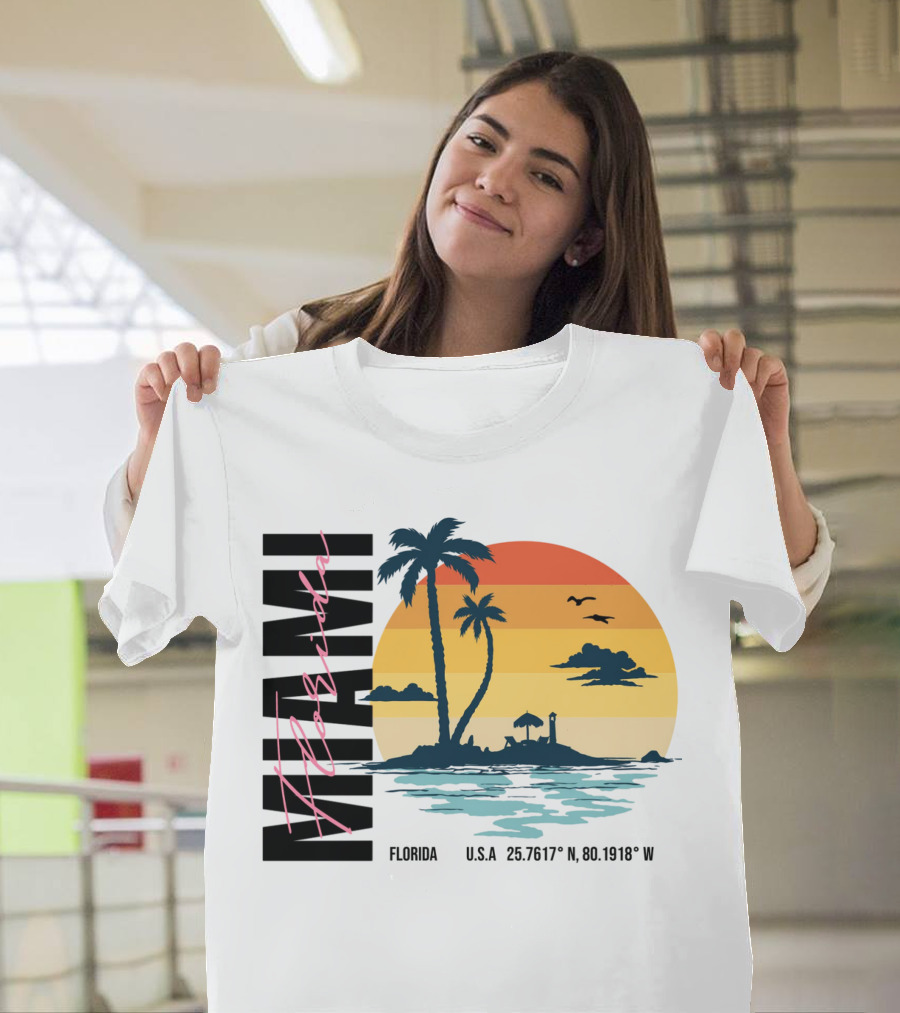 Florida Miami Beach Sunset Coordinates Palm Trees T-Shirt