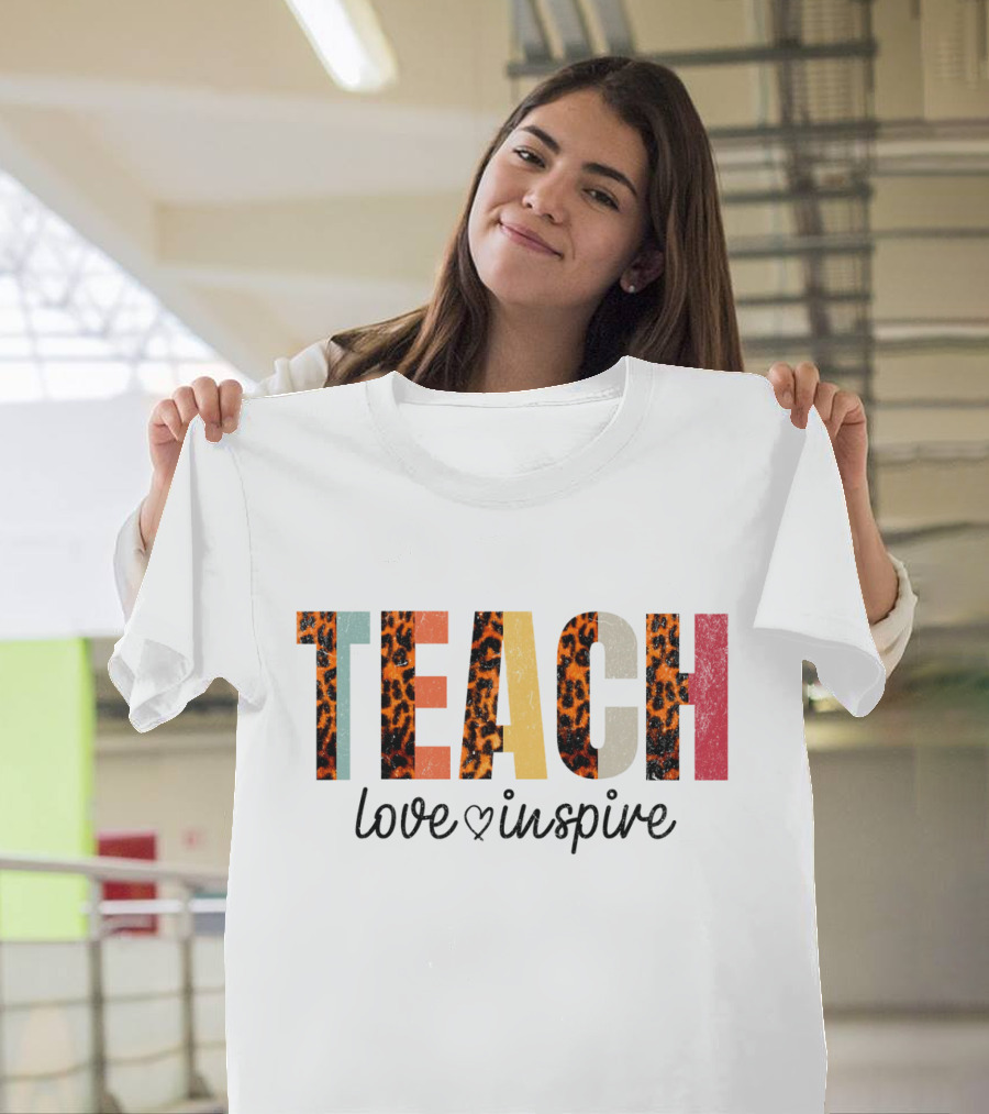 Teach Love Inspire Leopard Print Text T-Shirt