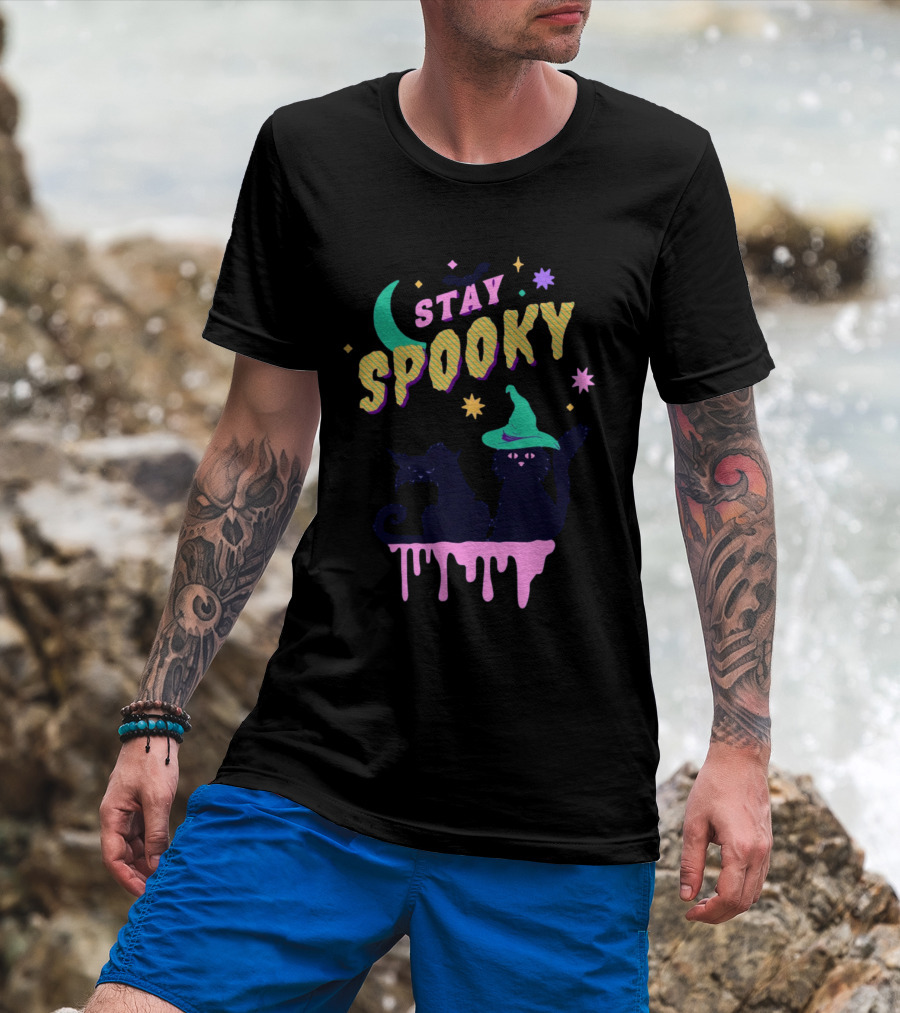 Stay Spooky Halloween Cats Moon Witch Hat Dripping Stars T-Shirt