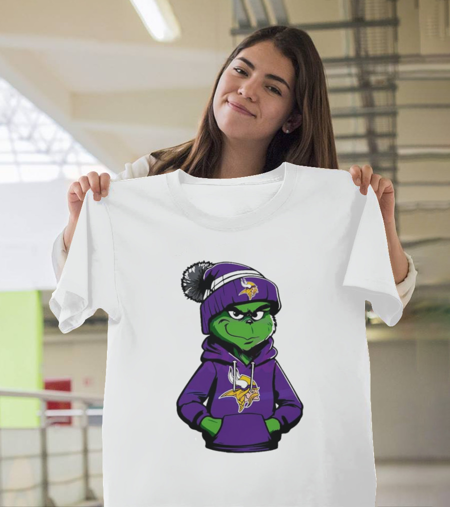Grinch In Minnesota Vikings Hoodie And Hat With Team T-Shirt
