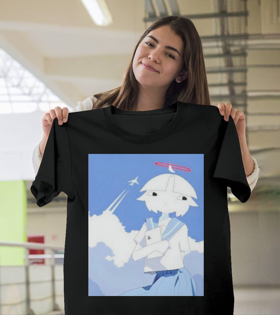 Chew’s District Clowdy Angelic Character Holding Notebook in Blue Sky with Airplane T-Shirt