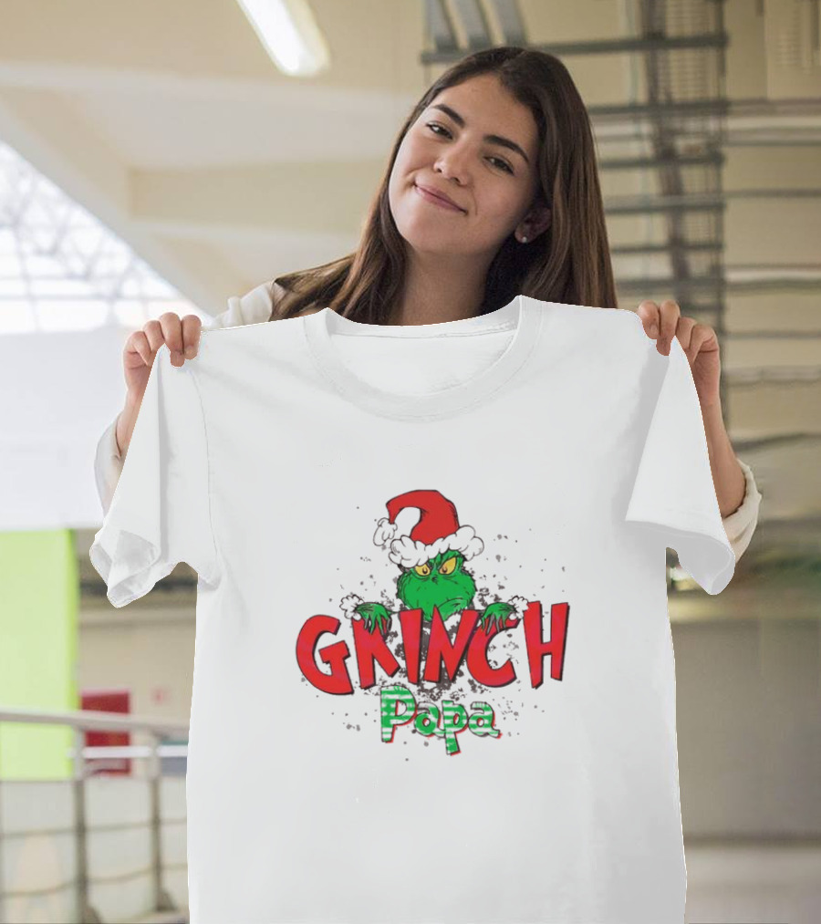 Grinch Papa Santa Hat Christmas T-Shirt