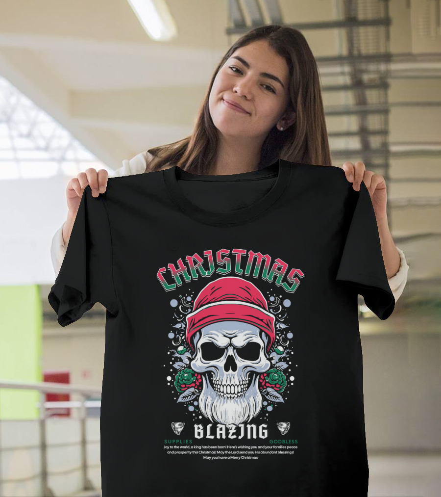 CHAJISMIS Blazing Skull Joy To The World Merry Christmas T-Shirt