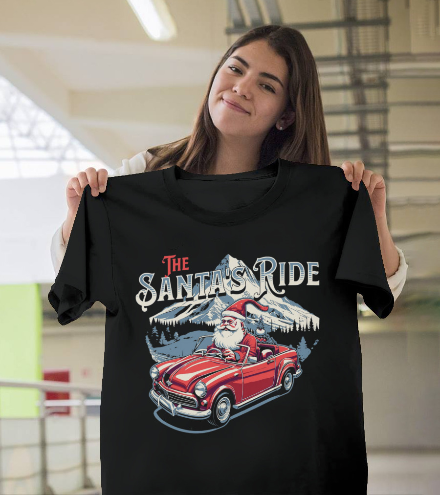 The Santa's Ride With Classic Red Convertible In Winter Mountain Scene T-Shirt