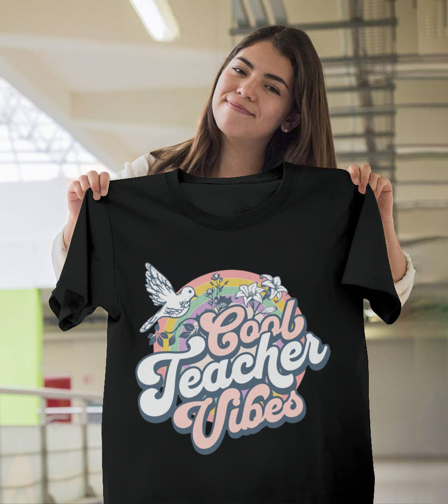 Cool Teacher Vibes Retro Rainbow Floral Design With Dove T-Shirt