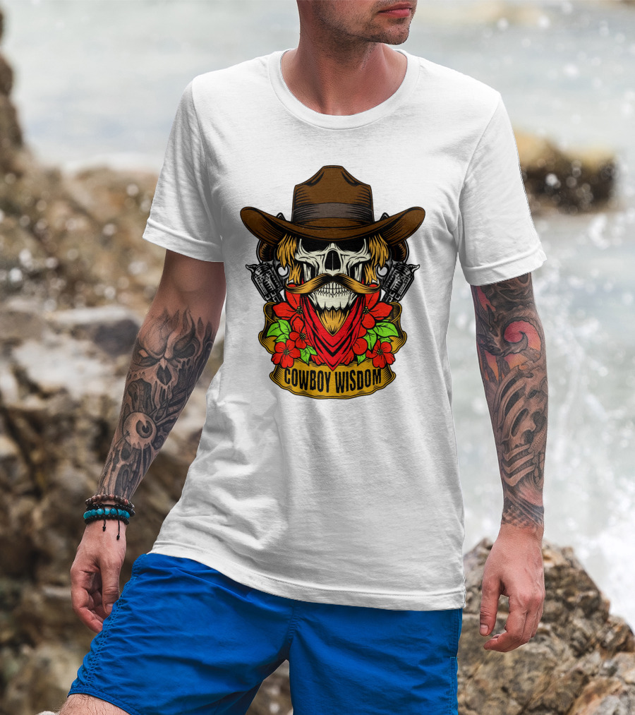 Cowboy Wisdom Skull Western Skeleton Bandana Pistols Flowers T-Shirt
