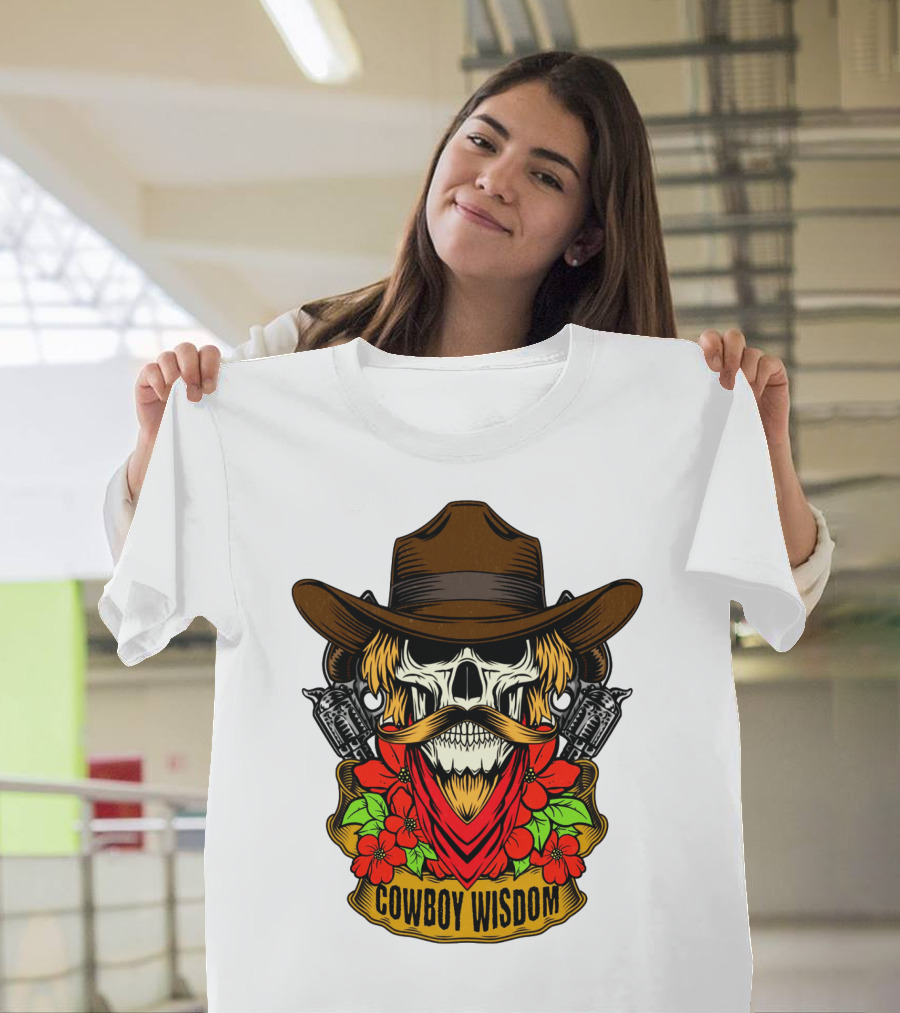 Cowboy Wisdom Skull Western Skeleton Bandana Pistols Flowers T-Shirt