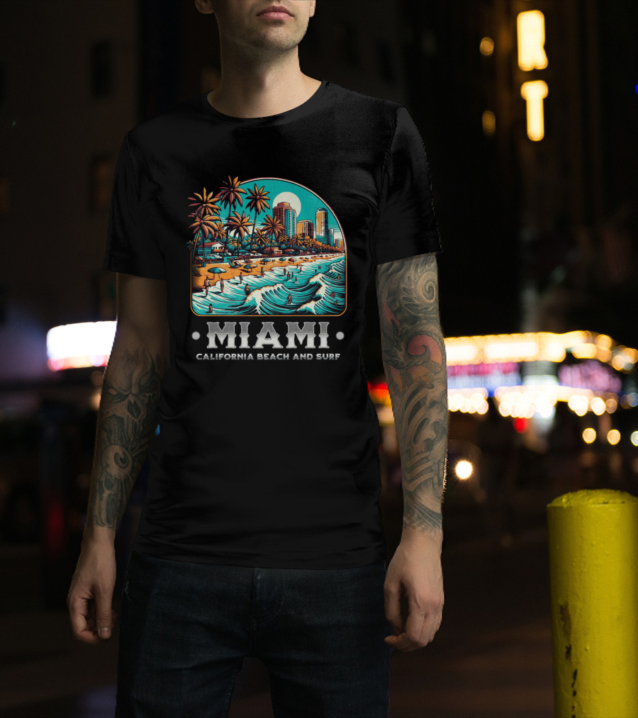 Miami Beach And Surf California Palm Skyline Ocean Waves T-Shirt